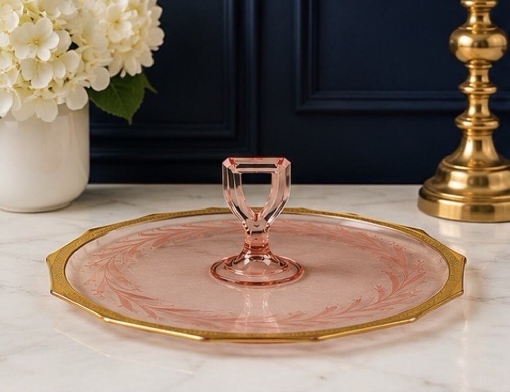 Tiffin Franciscan Pink Depression Glass Tray Tidbit Plate Rambler Rose Gold Rim